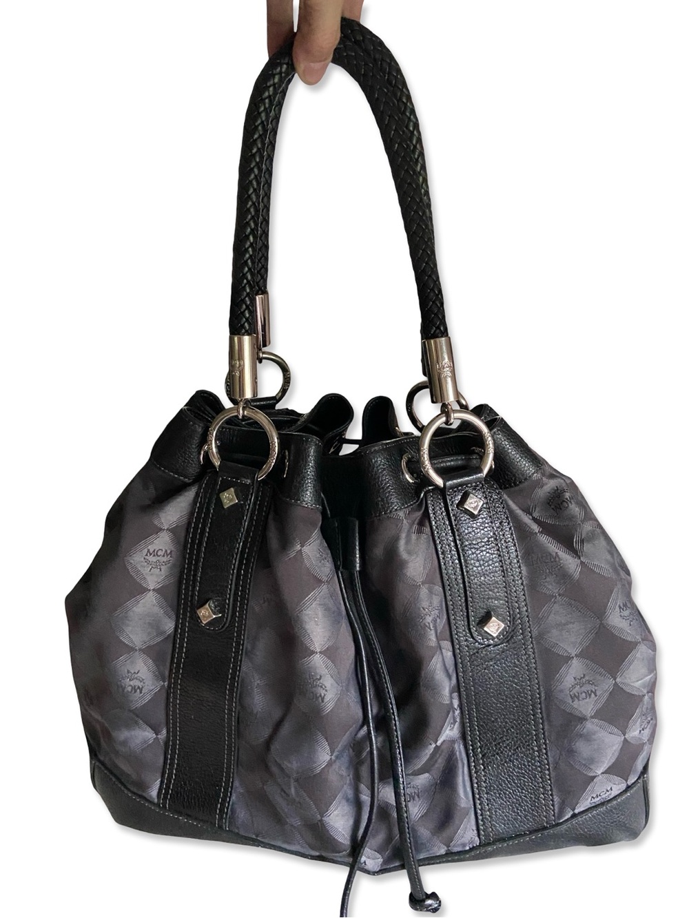 MCM Jacquard Diamond Pattern Drawstring Shoulder Bag